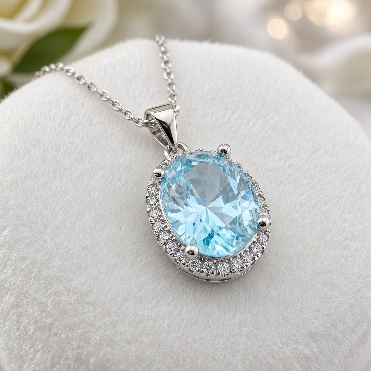 925 Sterling Silver Aqua Cz Oval Halo Pendant with Chain