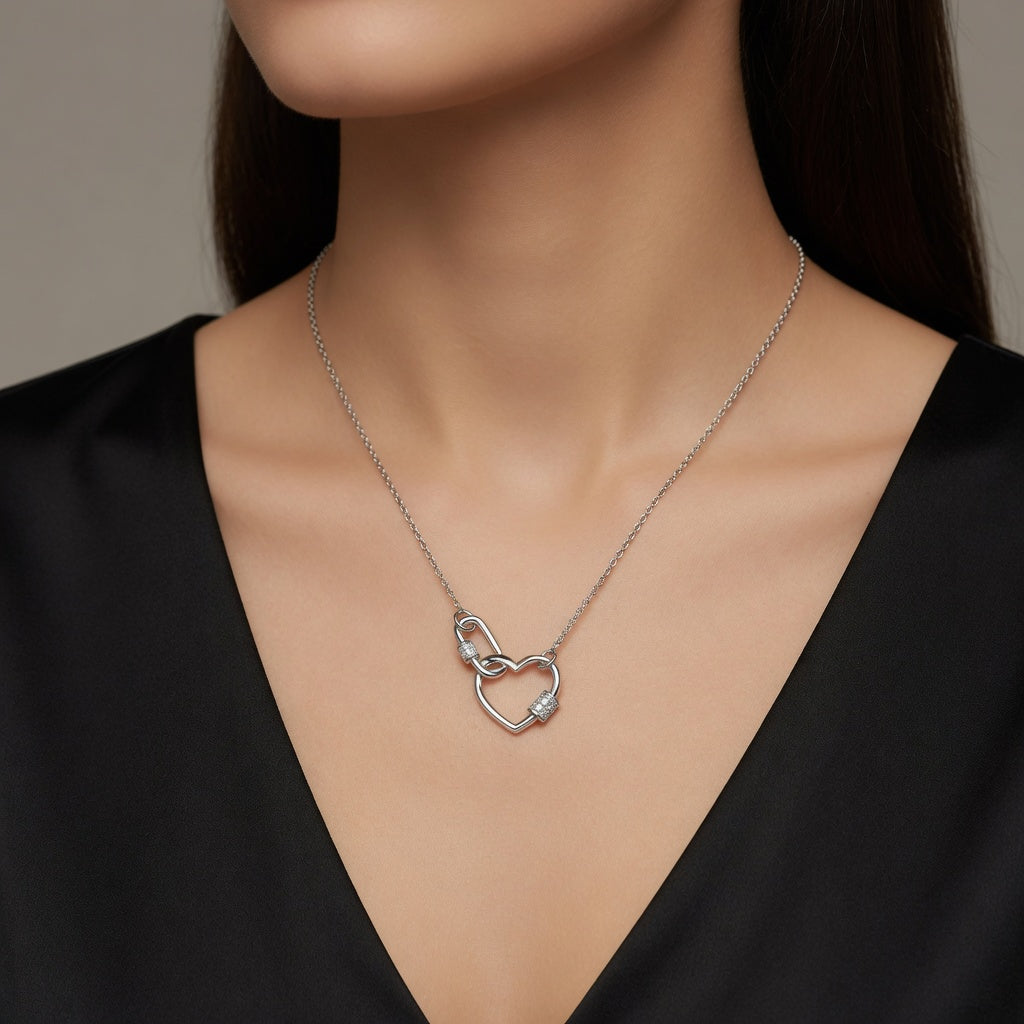 925 Sterling Silver Heart Paper Clip Cubic Zirconia 16" Necklace