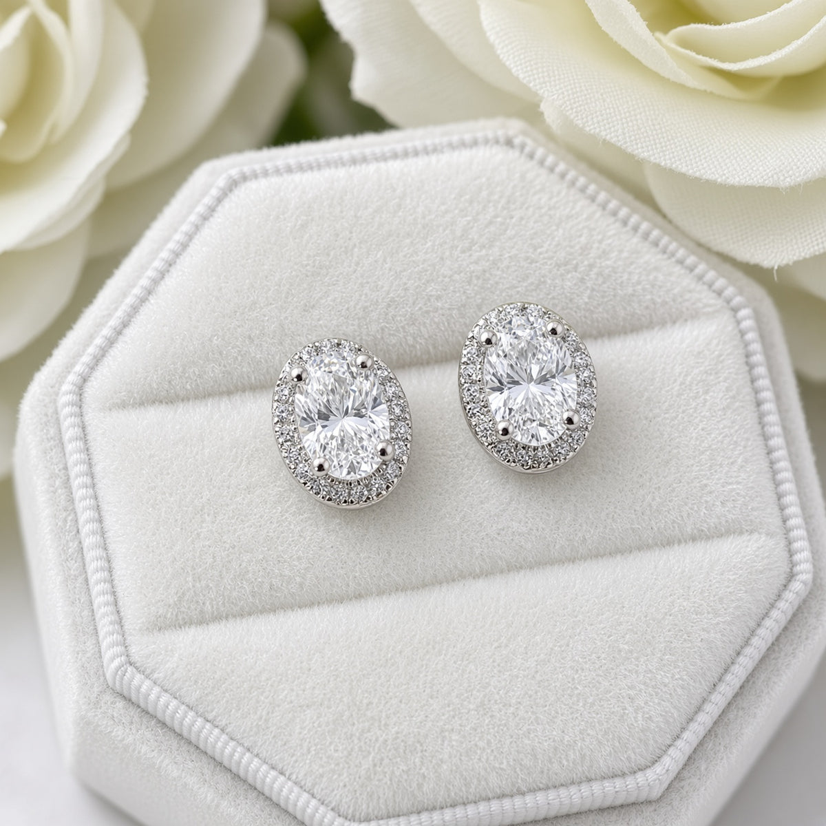 925 Sterling Silver Oval Cz Halo Stud Earrings