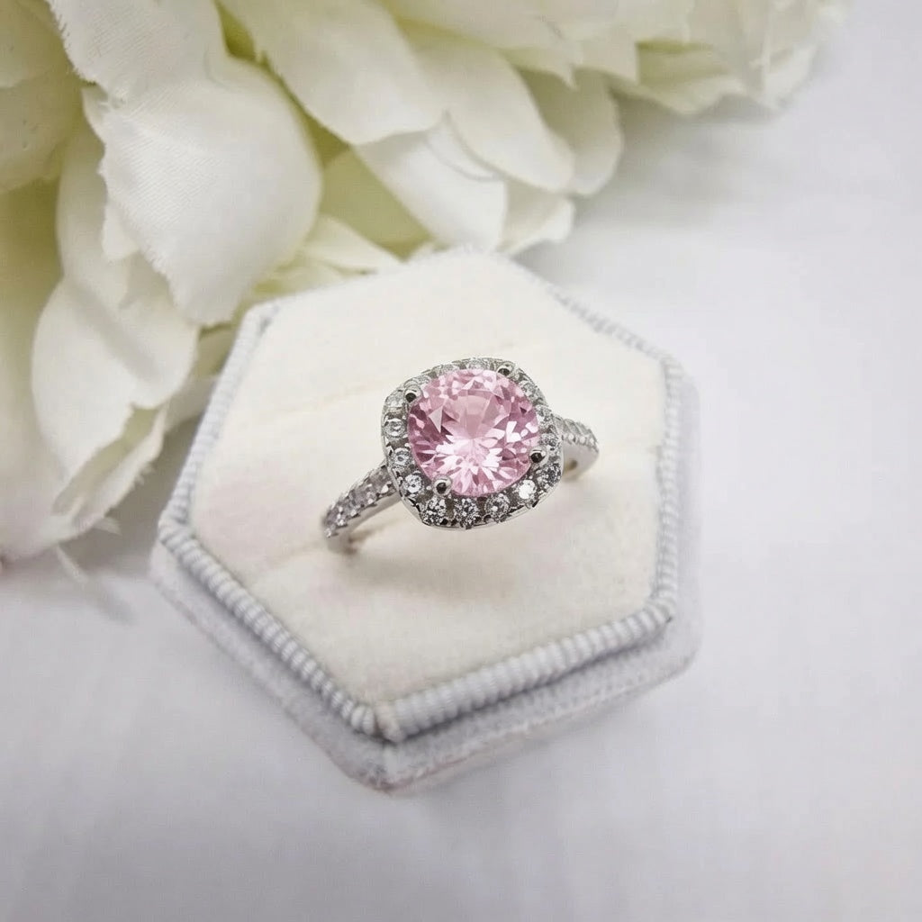 925 Sterling Silver Pink Cubic Zirconia Halo Ring