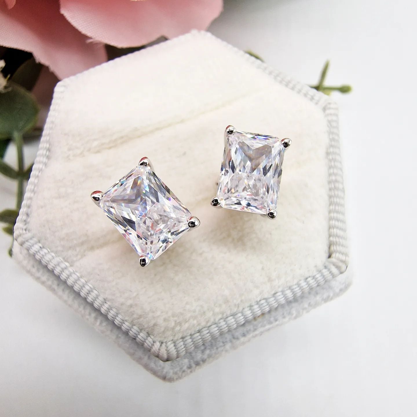 Sterling Silver Clear Cubic Zirconia Emerald Cut Studs