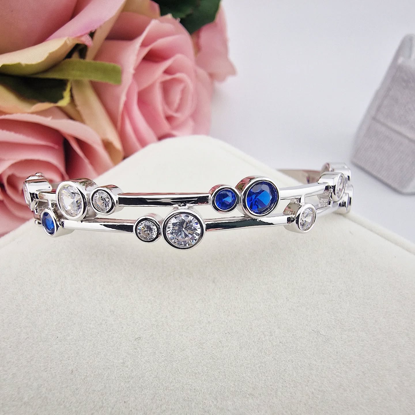 925 Sterling Silver Timeless Rubover Set Blue & Clear CZs Ladies J-Jaz Bangle
