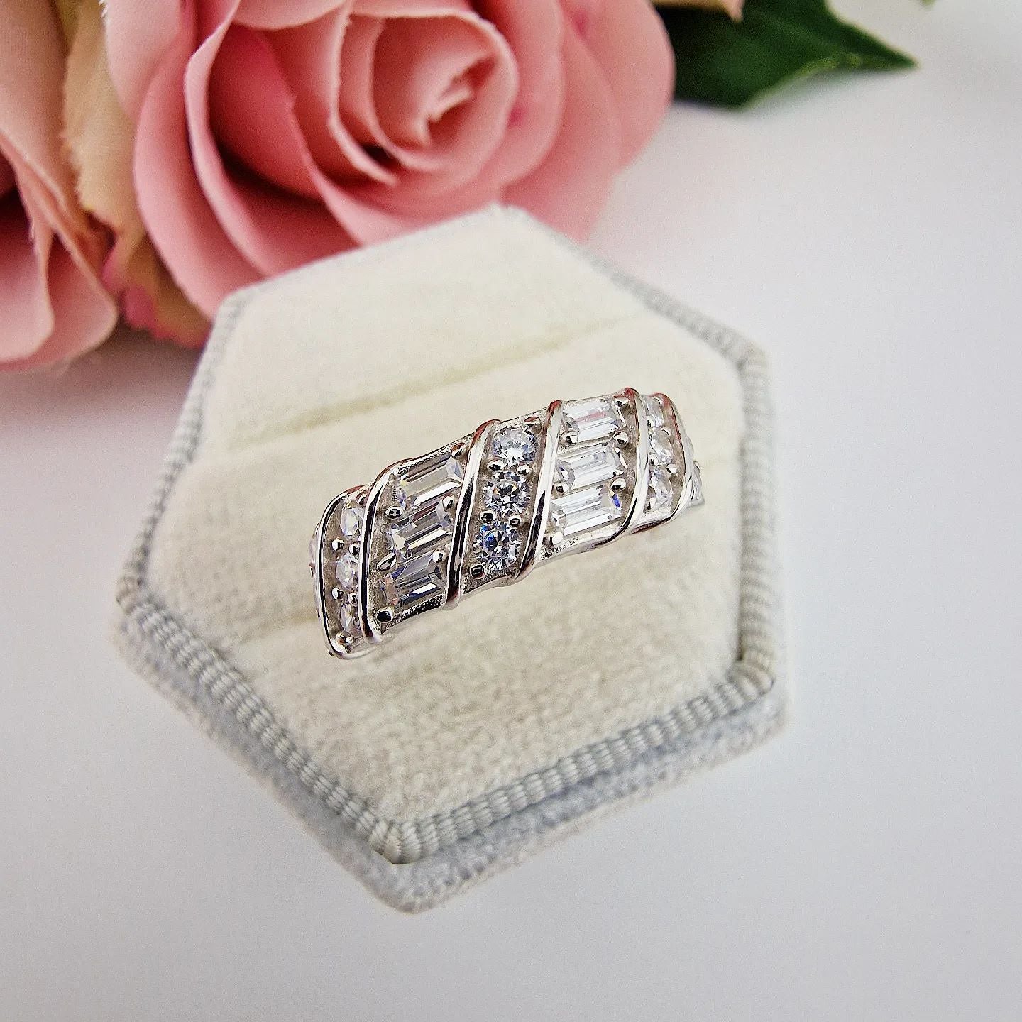 925 Sterling Silver Fancy Round Baguette Cut Cz Eternity Ring