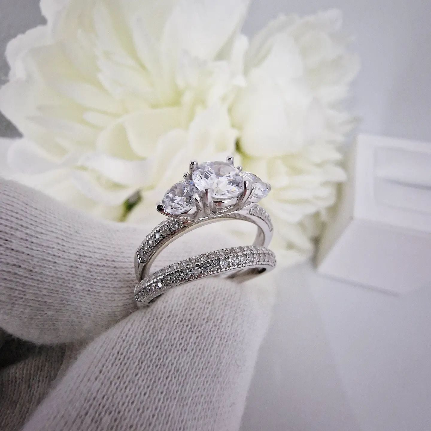 925 Sterling Silver Cz Trilogy Ring Set