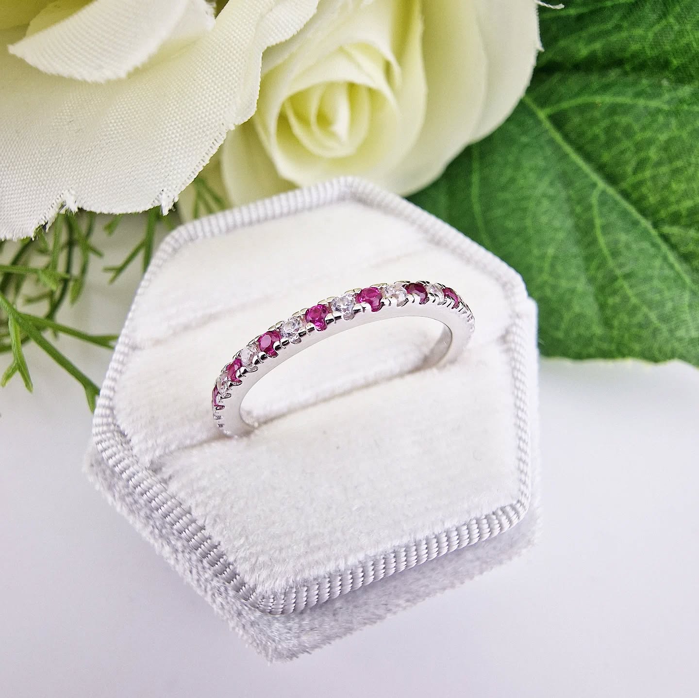 925 Sterling Silver Ruby Red & White Cz Full Eternity Ring