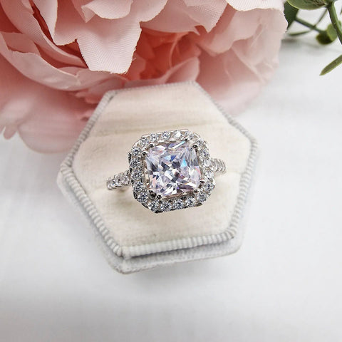 925 Sterling Silver Radiant Cut Cz Halo Ring