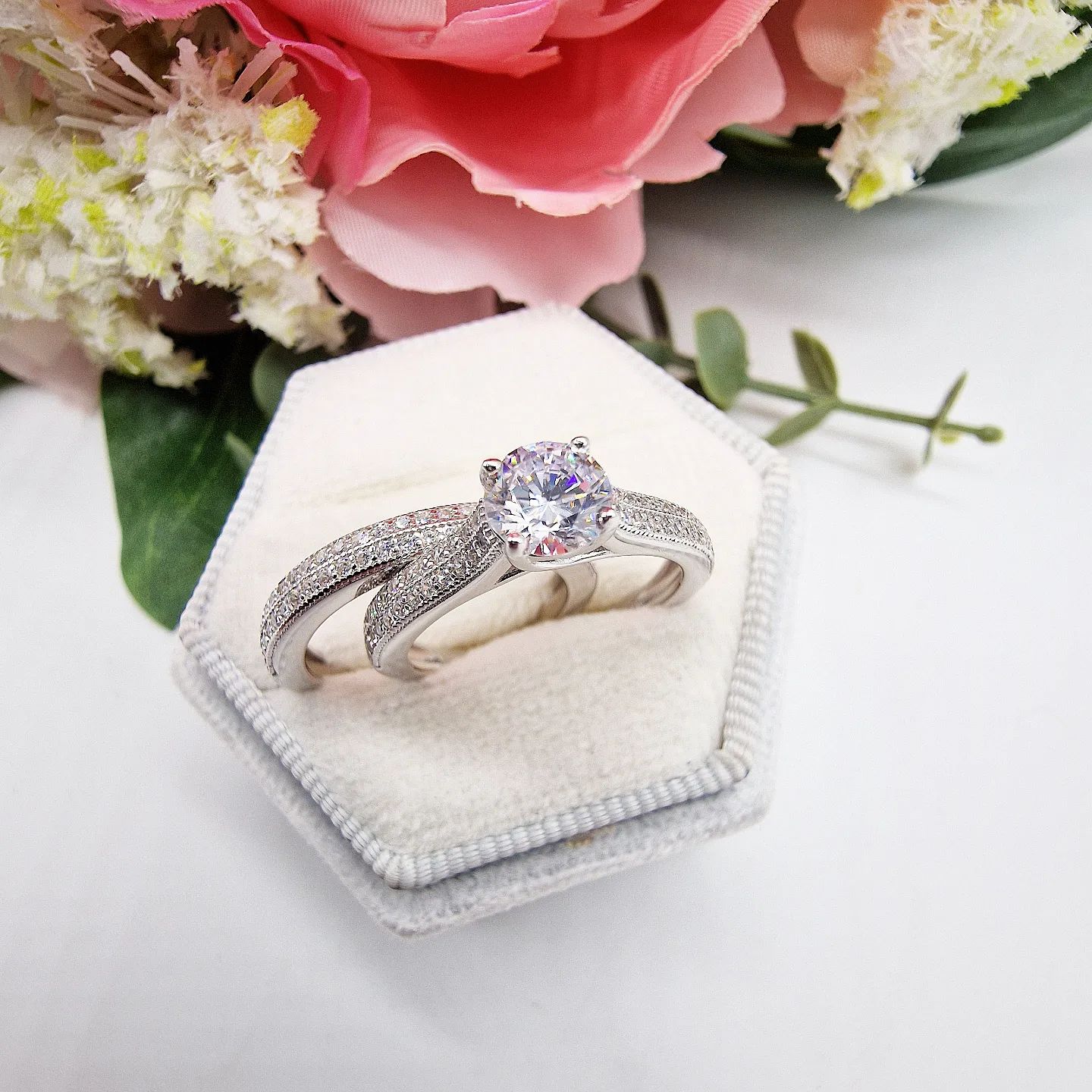 925 Sterling Silver Bridal Half Eternity with Cz in the Centre Rings