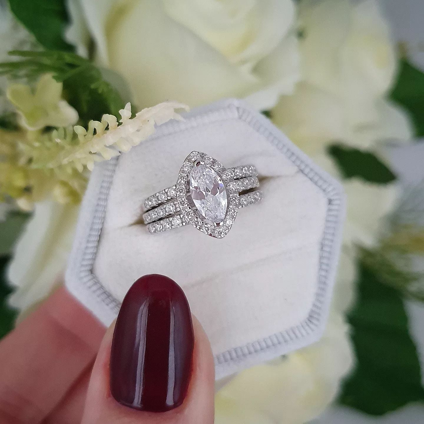 925 Sterling Silver 3 Piece Ring Set Marquise Cut Halo & Two Eternities