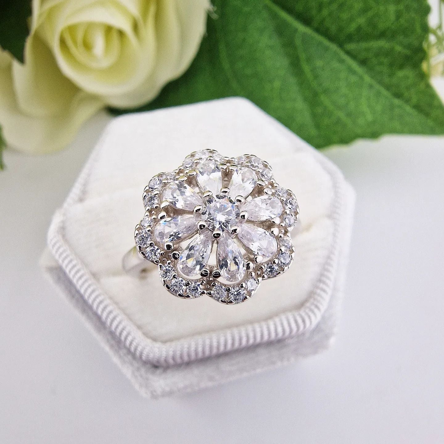 925 Sterling Silver Fancy Round & Baguette Cut Cz Dress Ring