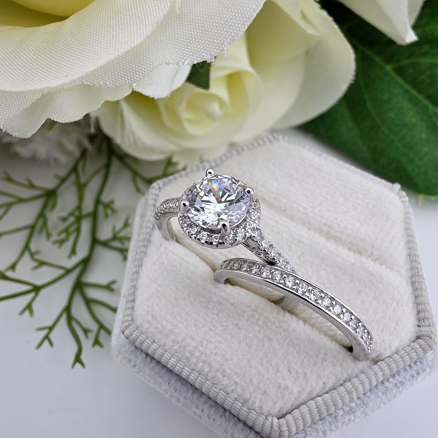 925 Sterling Silver Round Brilliant Halo Cz Ring Set with Channel Set Band
