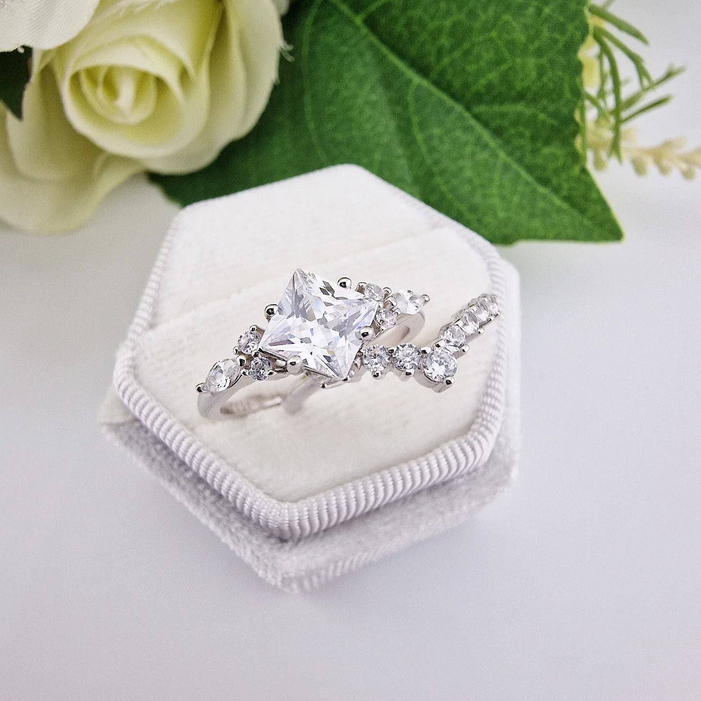 925 Sterling Silver Fancy Cz Princess Cut Ring Set with Wishbone Band