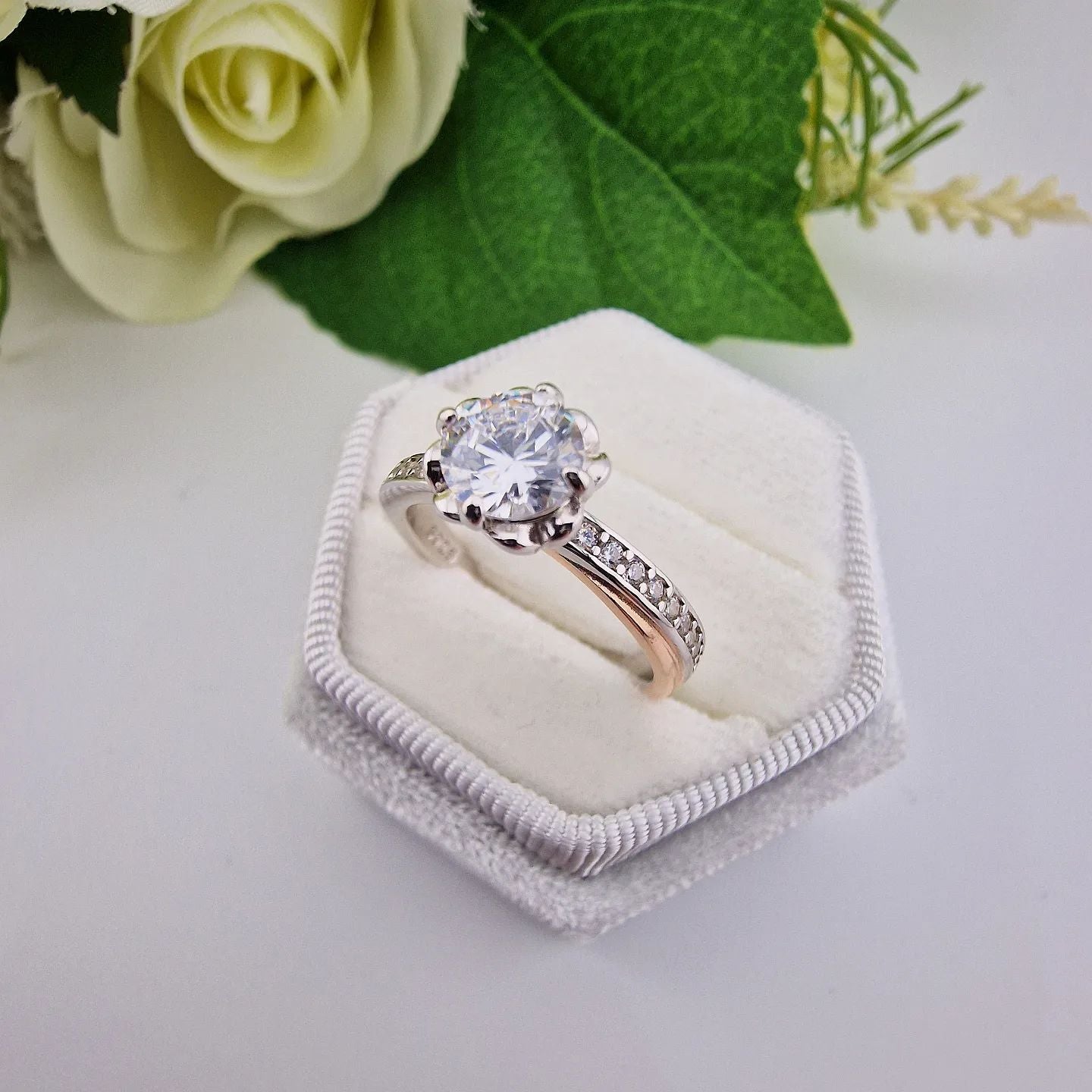 925 Sterling Silver with Rose Trim Cz Solitaire Ring