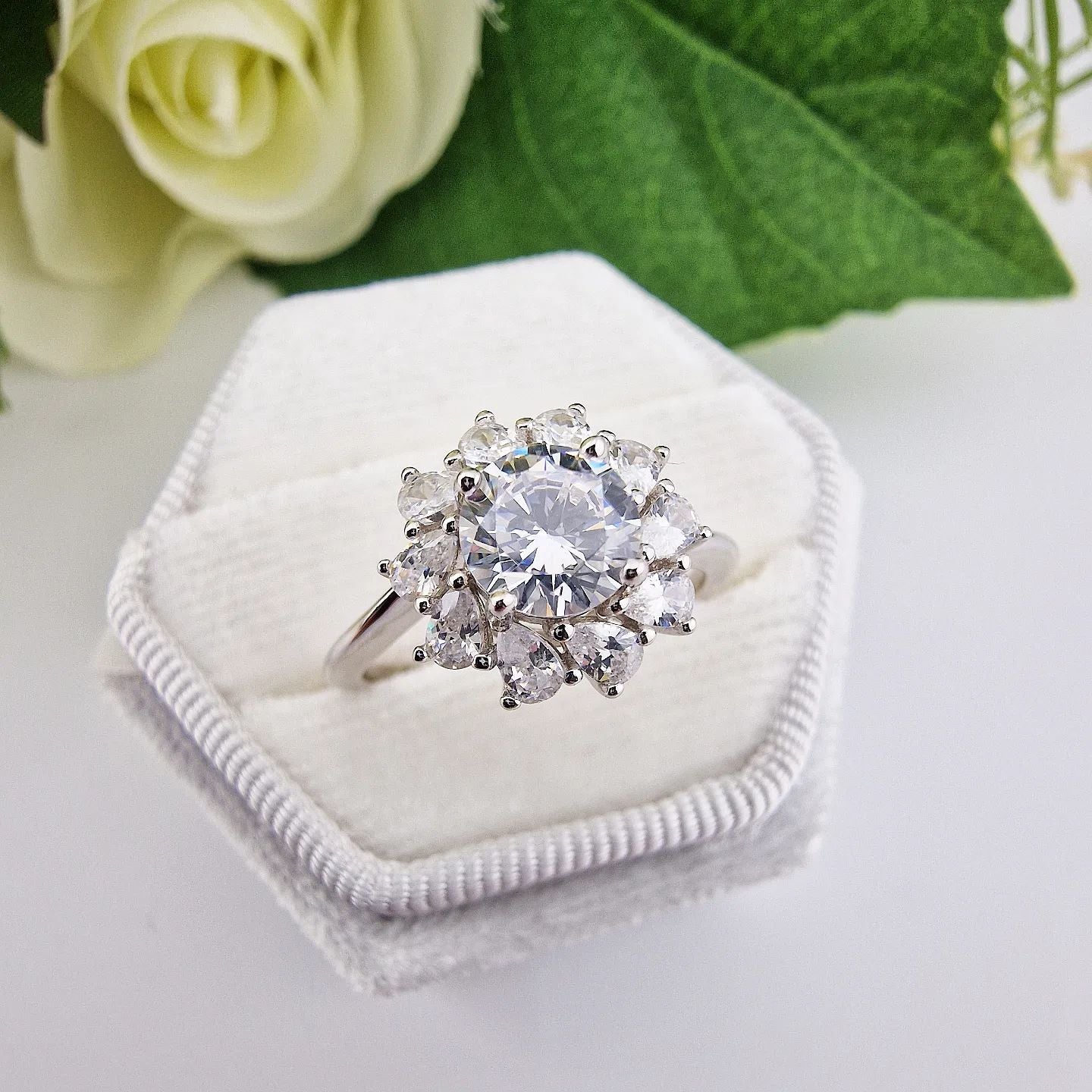 925 Sterling Silver Fancy Cz Halo Cluster Ring