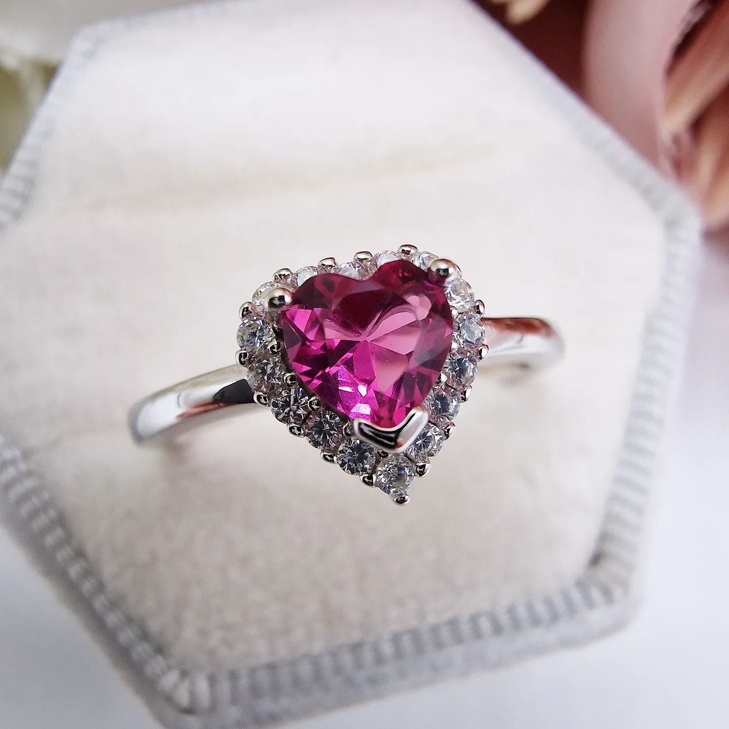 925 Sterling Silver Ruby Red Cz Halo Heart Ring
