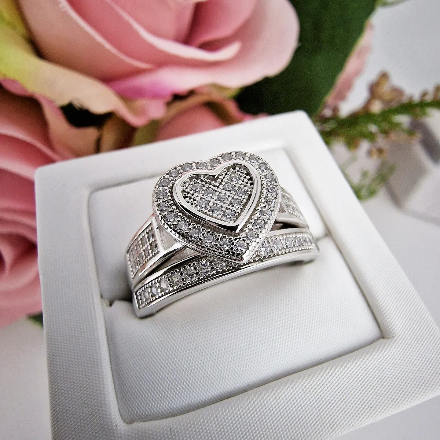 925 Sterling Silver Pave Set Cz Heart Ring Eternity Band Set