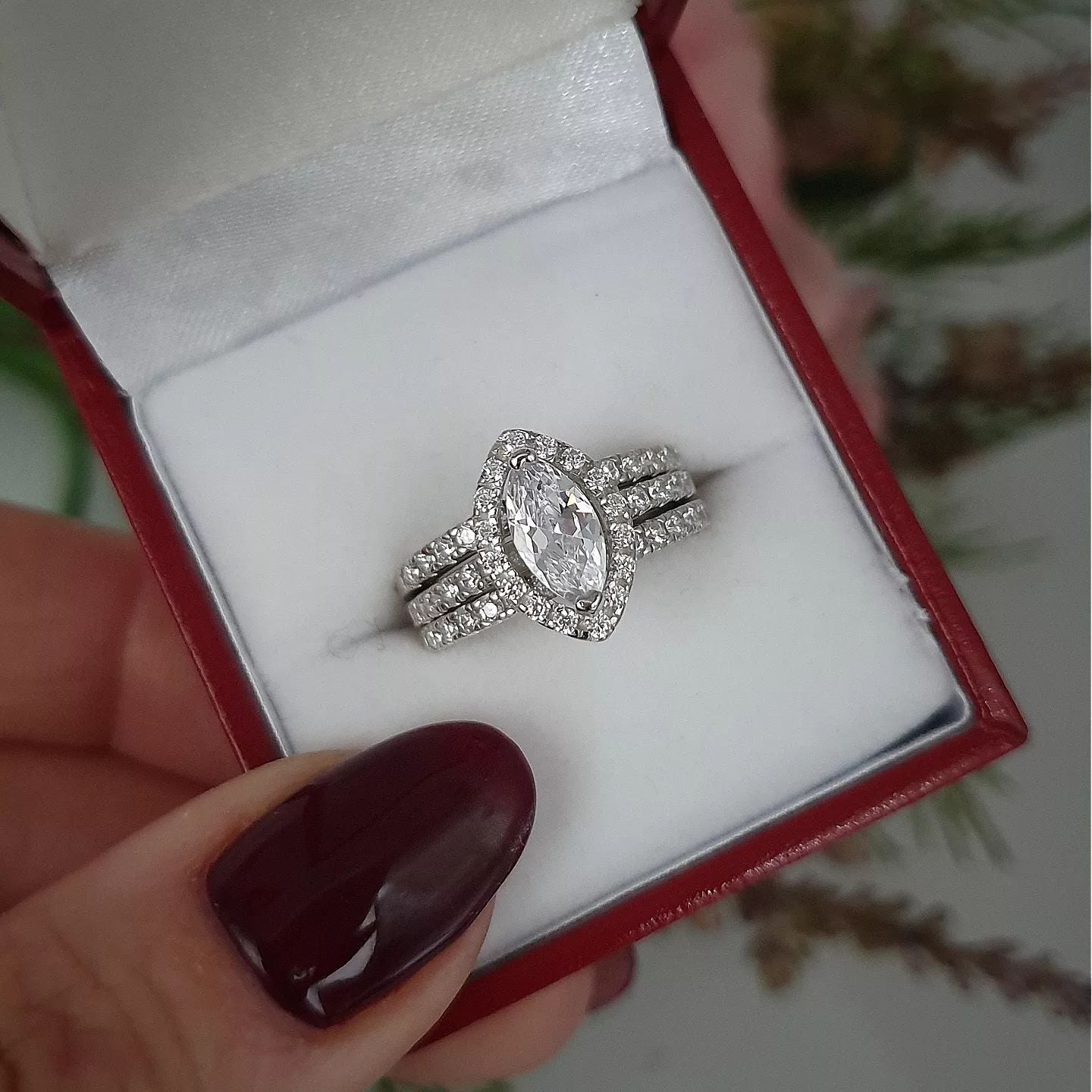 925 Sterling Silver 3 Piece Ring Set Marquise Cut Halo & Two Eternities