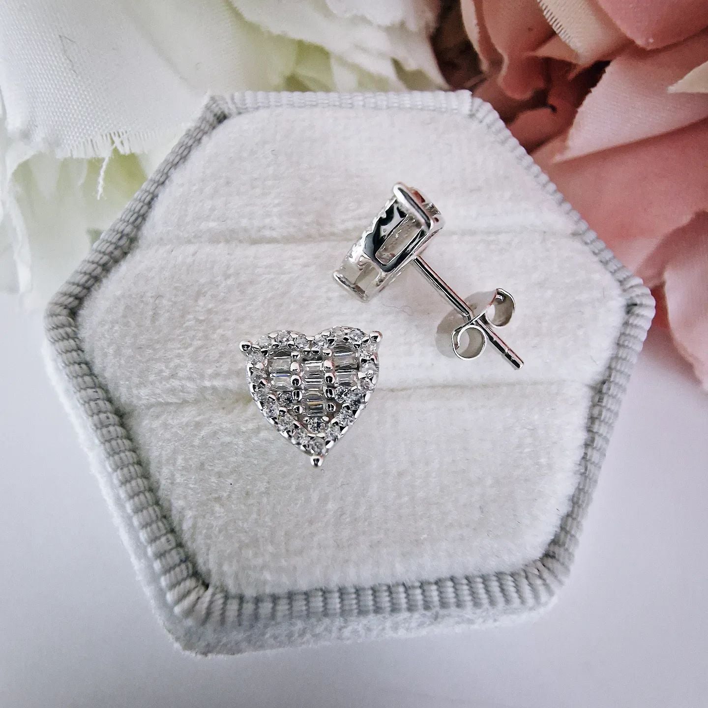 925 Sterling Silver Round & Baguette Cut Cubic Zirconia Heart Stud Earrings