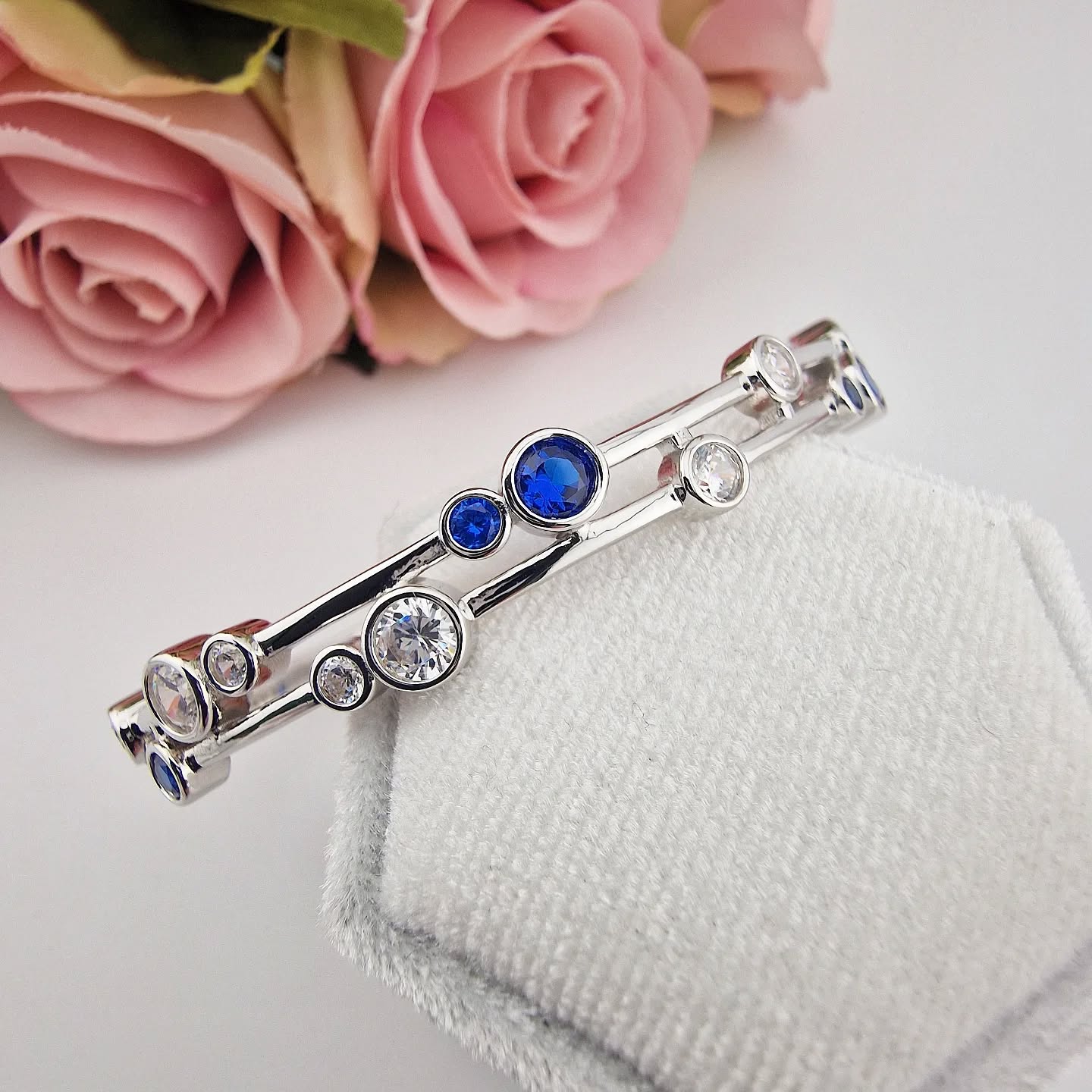 925 Sterling Silver Timeless Rubover Set Blue & Clear CZs Ladies J-Jaz Bangle