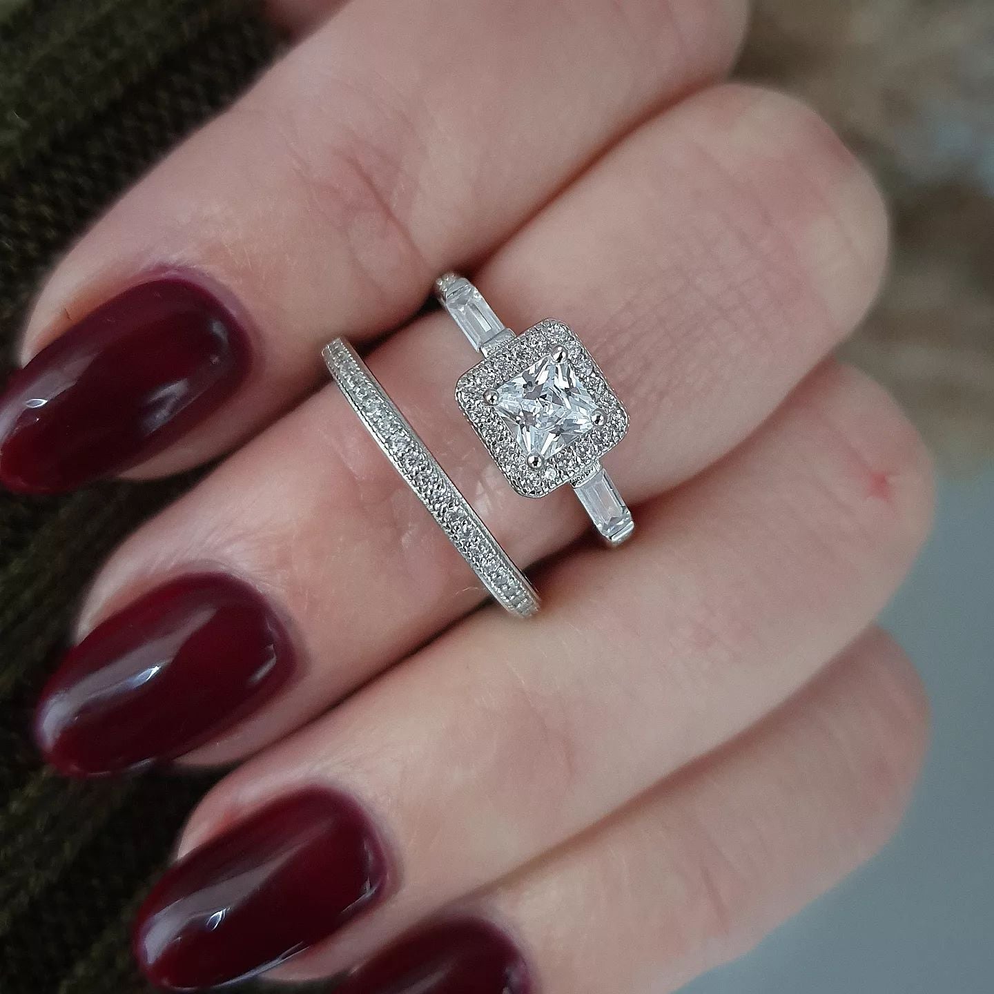 925 Sterling Silver Princess Cut & Baguette CZs Half Eternity Ring Set