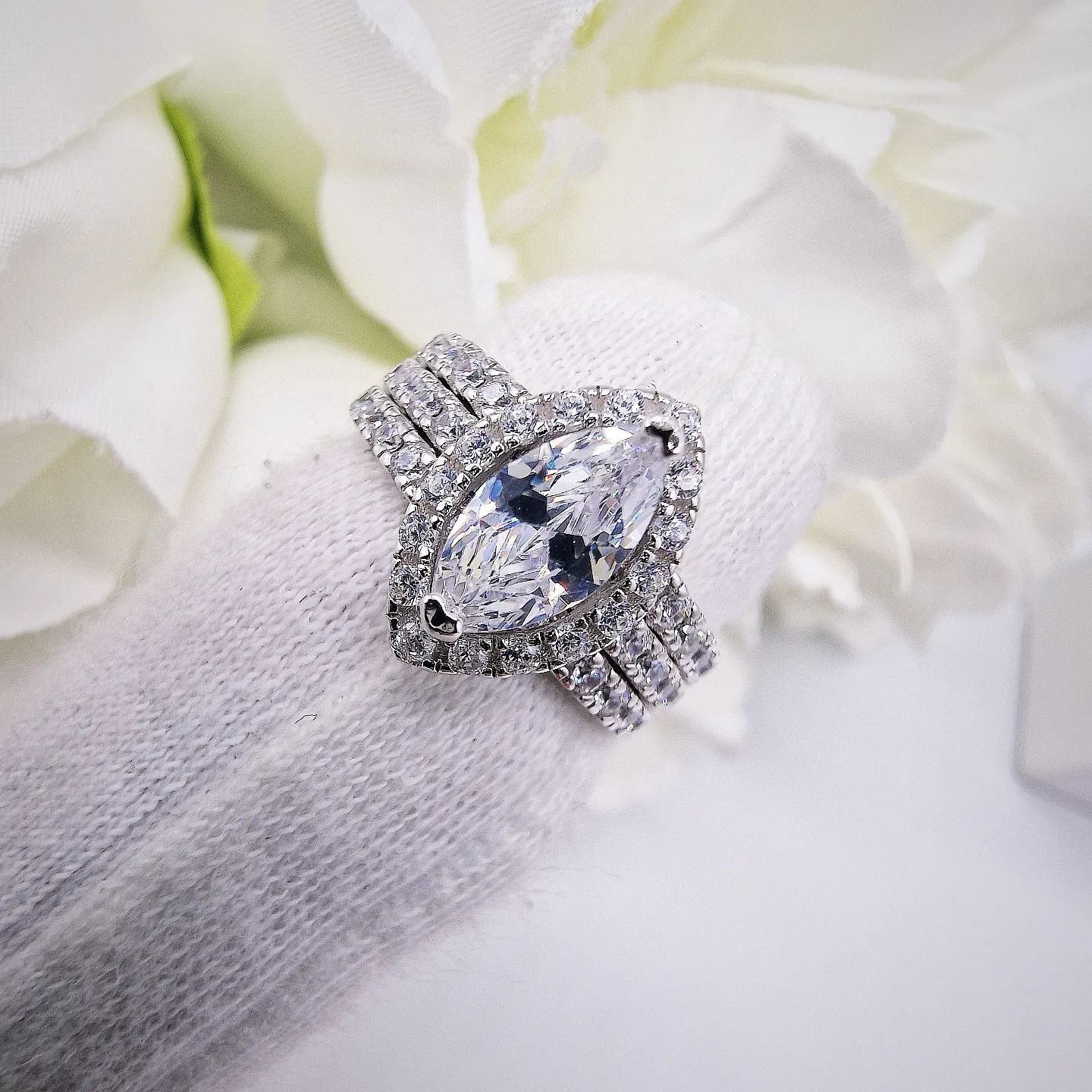 925 Sterling Silver 3 Piece Ring Set Marquise Cut Halo & Two Eternities
