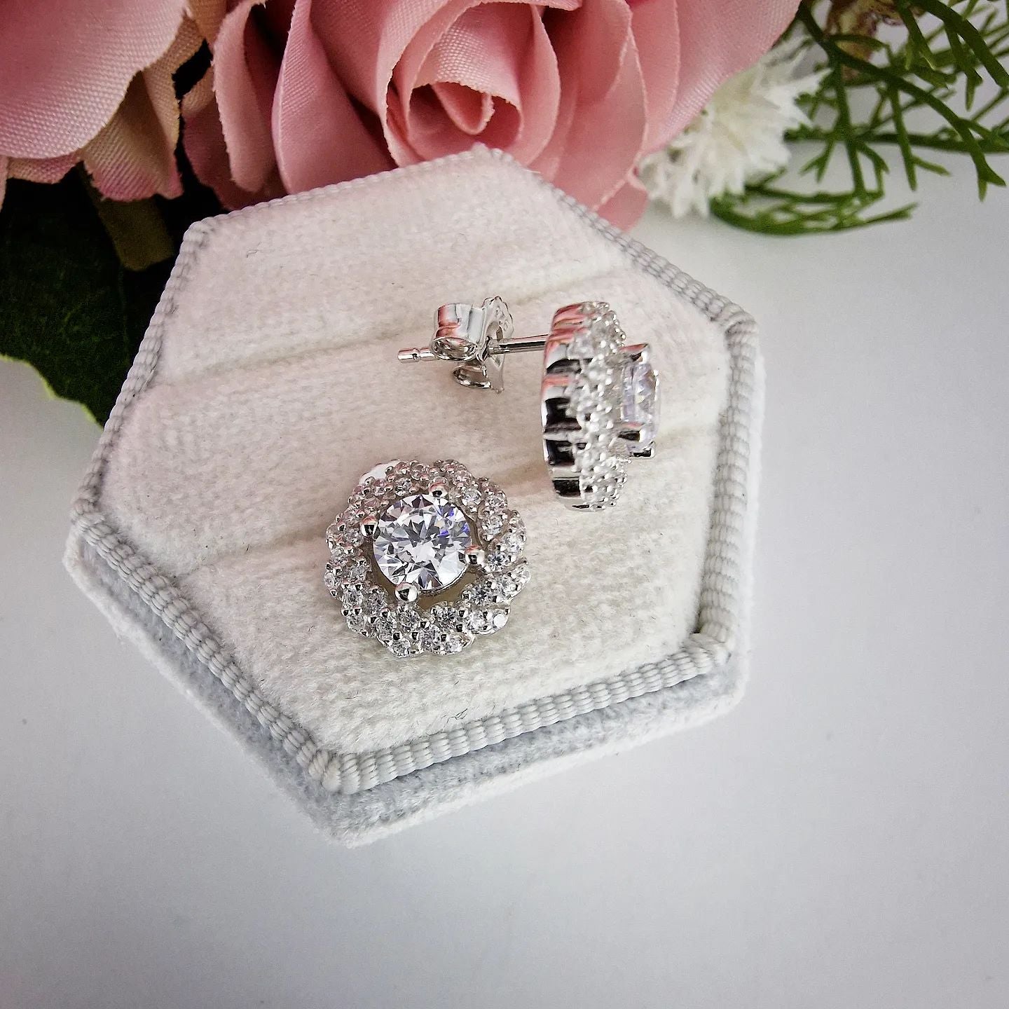 925 Sterling Silver Cluster Halo Studs - J Jaz