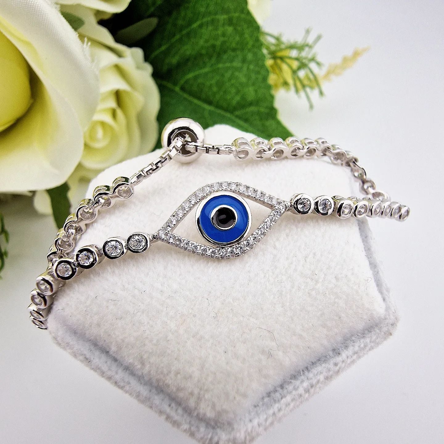 925 Sterling Silver & Crystal Evil Eye Adjustable Bracelet – Jewellerybox, Genuine CZ Crystal