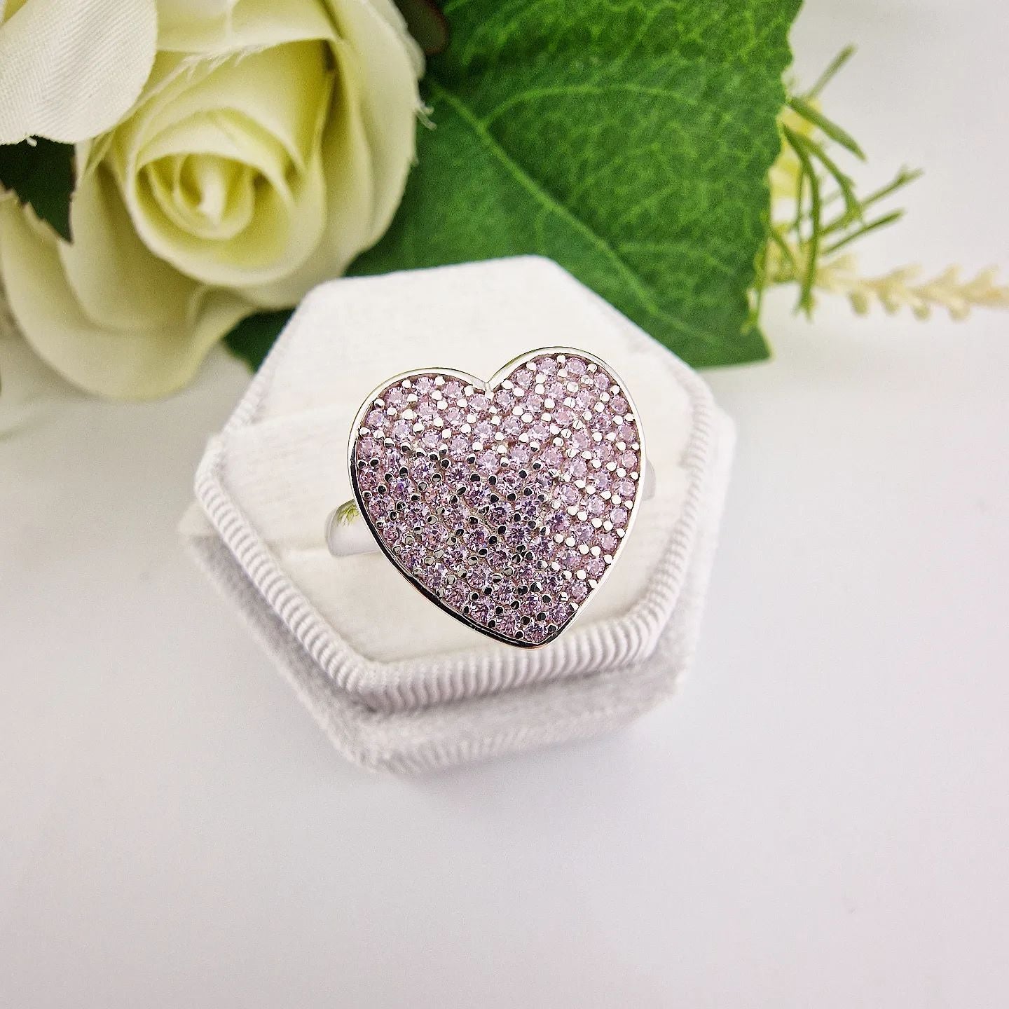 925 Sterling Silver Pink Pave Set Cz Ladies Heart Ring