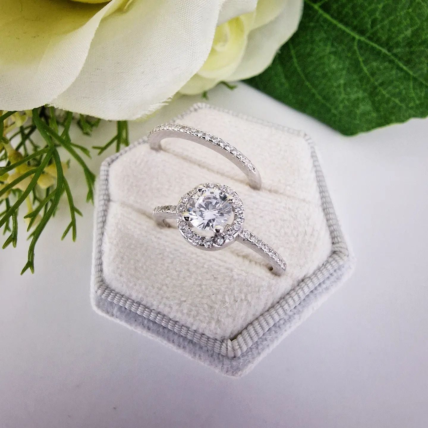 925 Sterling Silver Bridal Set Halo Solitaire with Half ET Cz