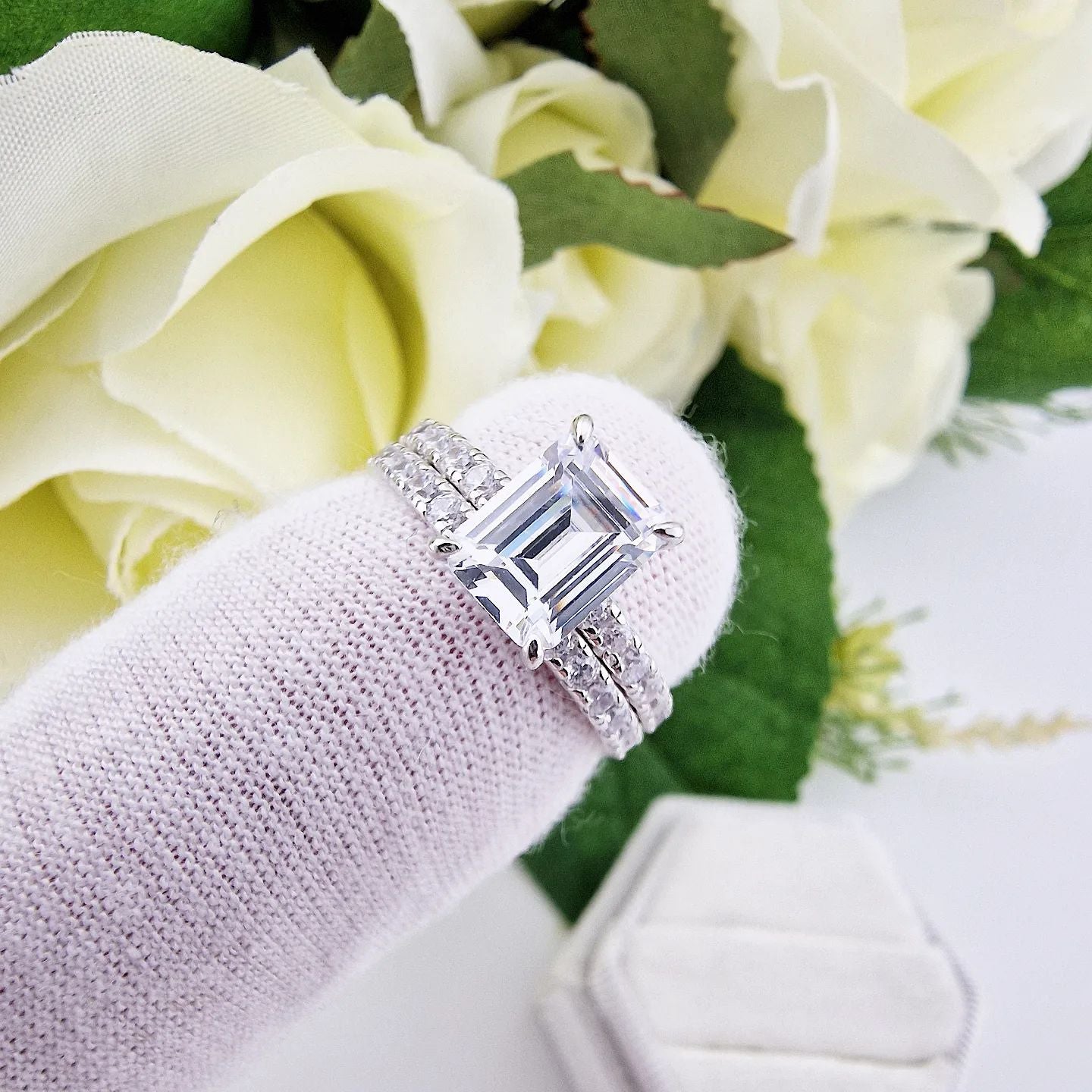 925 Sterling Silver Emerald Cut Cz Ladies Ring Set