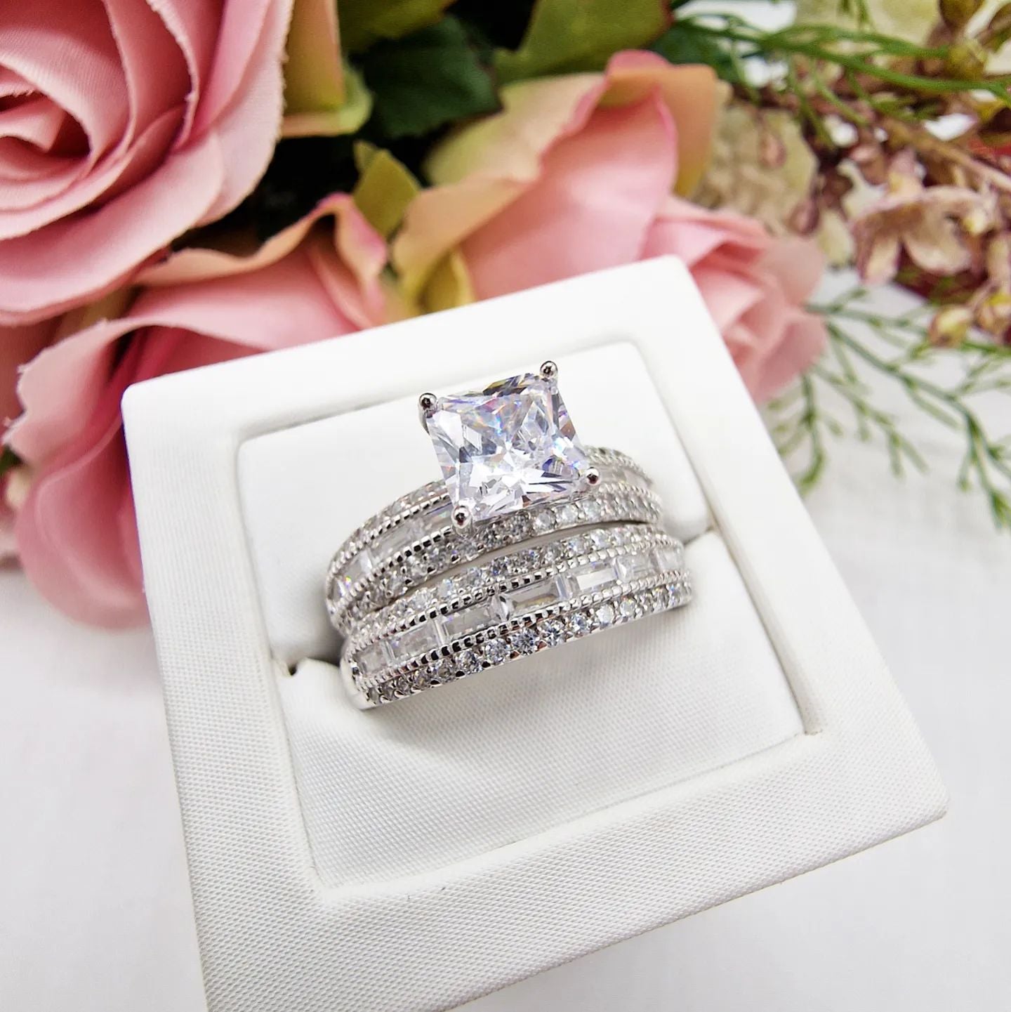 925 Sterling Silver Princess Cut Cz Ring Set with Round & Baguette Cut Cz Eternity Band