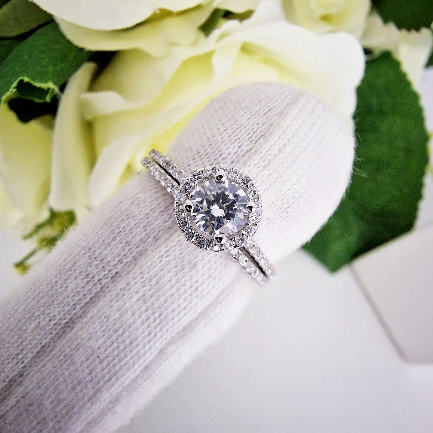 925 Sterling Silver Bridal Set Halo Solitaire with Half ET Cz