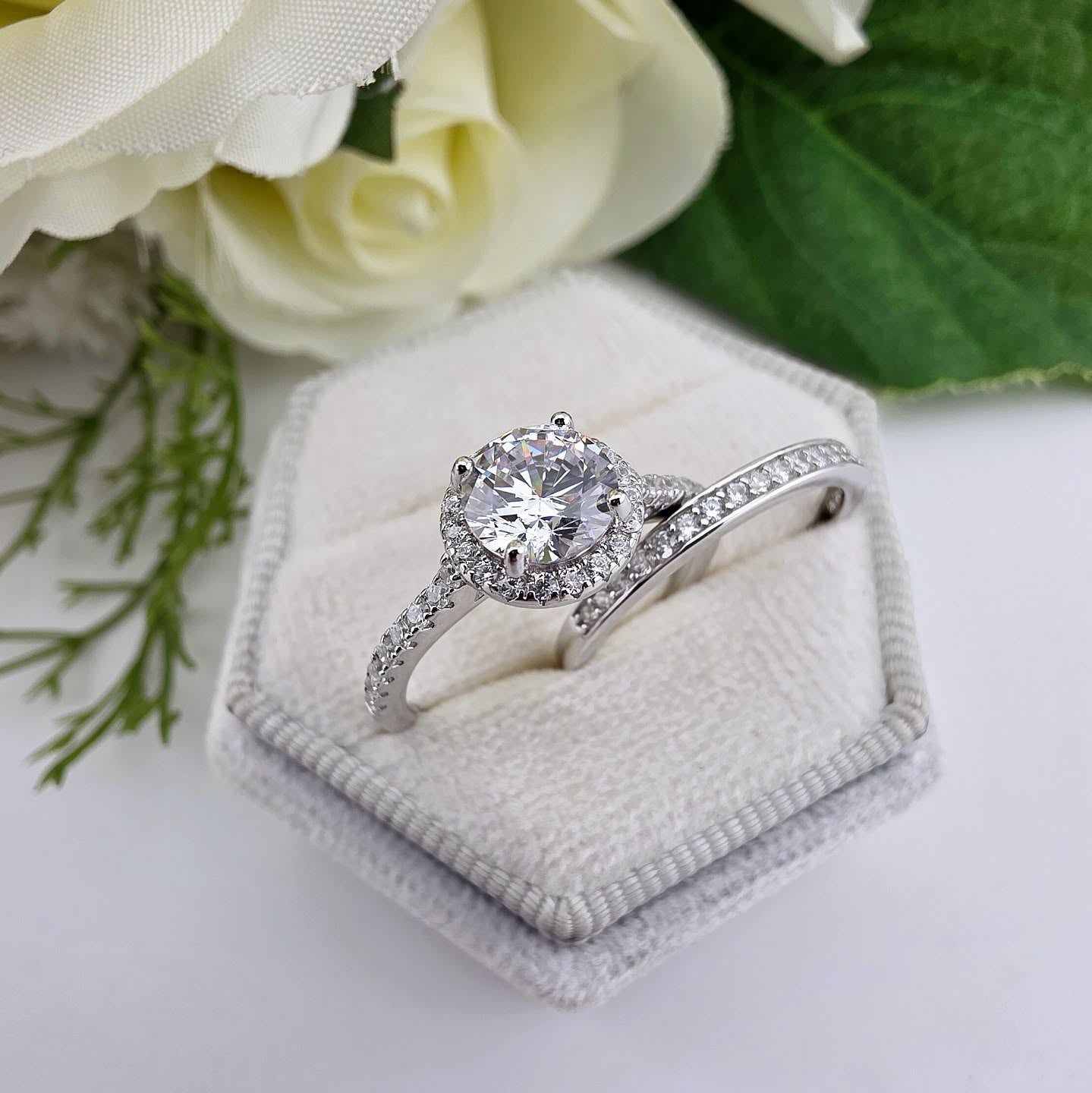 925 Sterling Silver Round Brilliant Halo Cz Ring Set with Channel Set Band