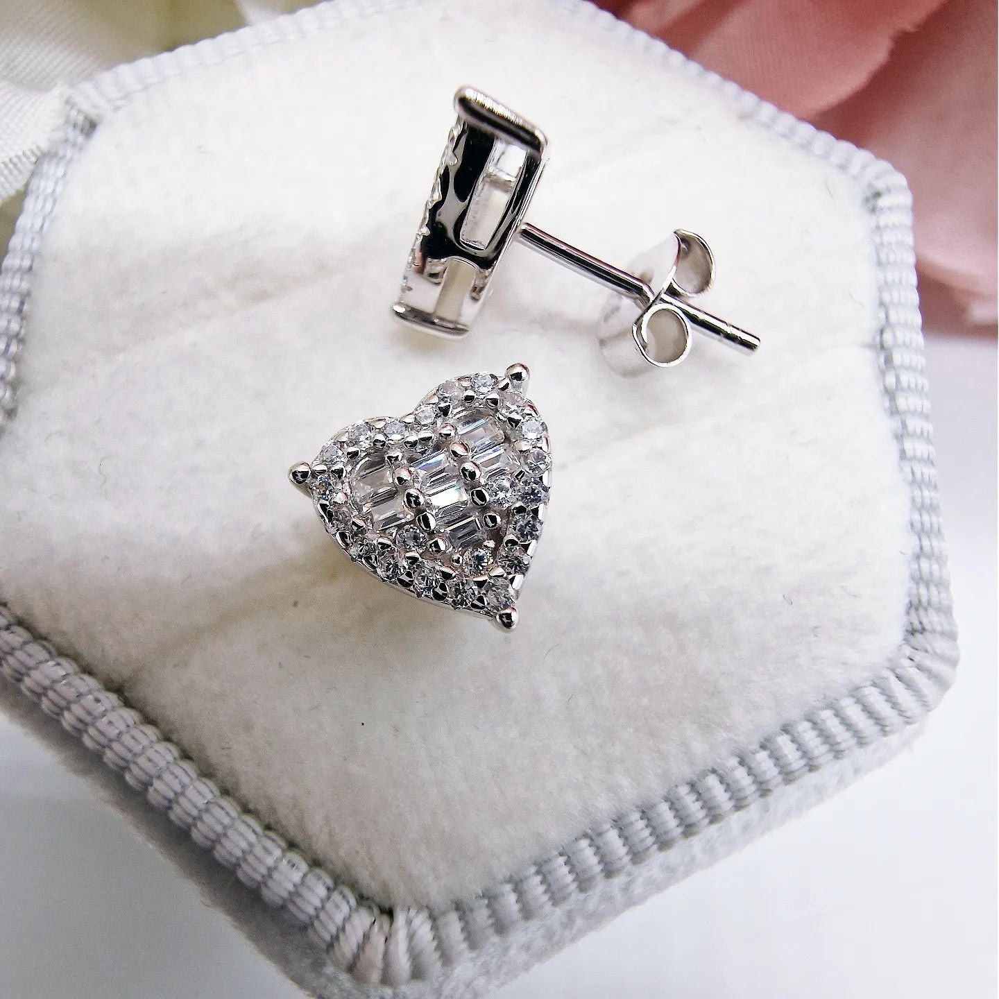 925 Sterling Silver Round & Baguette Cut Cubic Zirconia Heart Stud Earrings