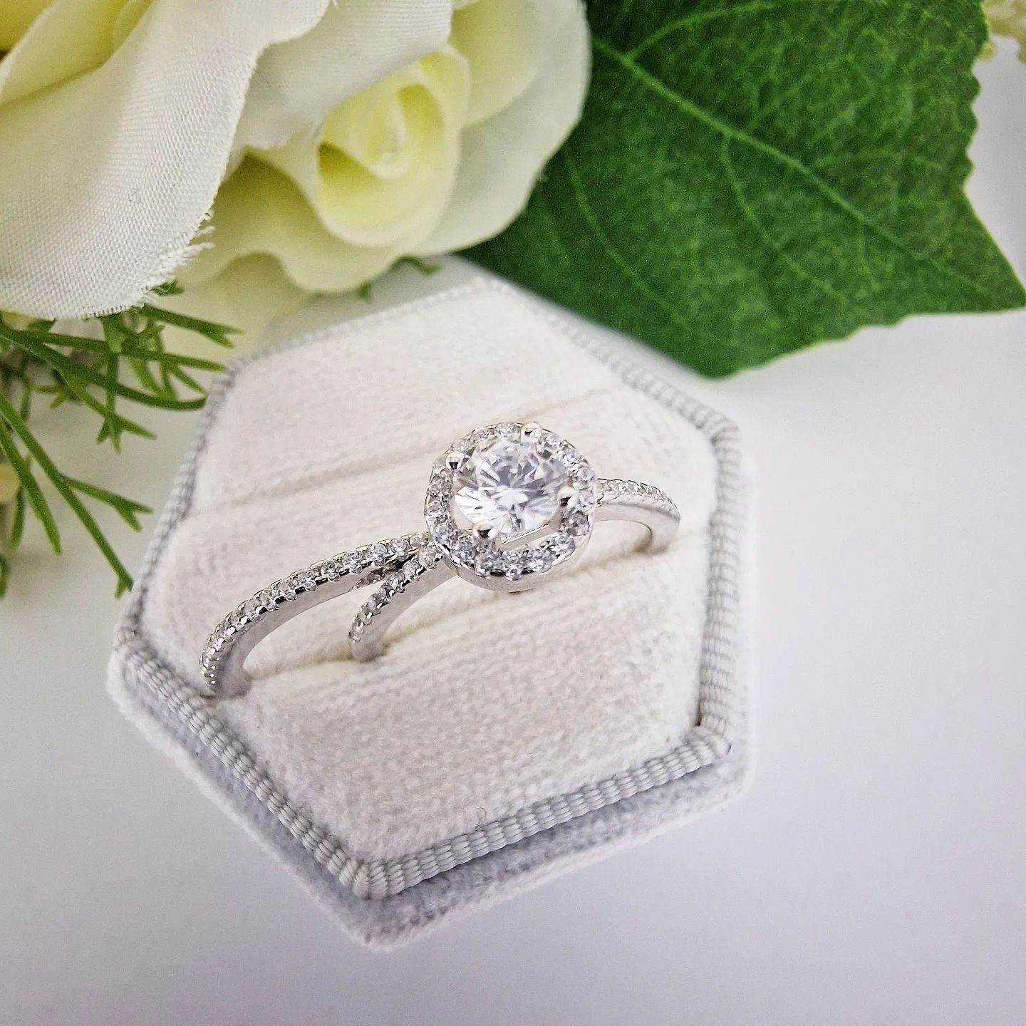 925 Sterling Silver Bridal Set Halo Solitaire with Half ET Cz