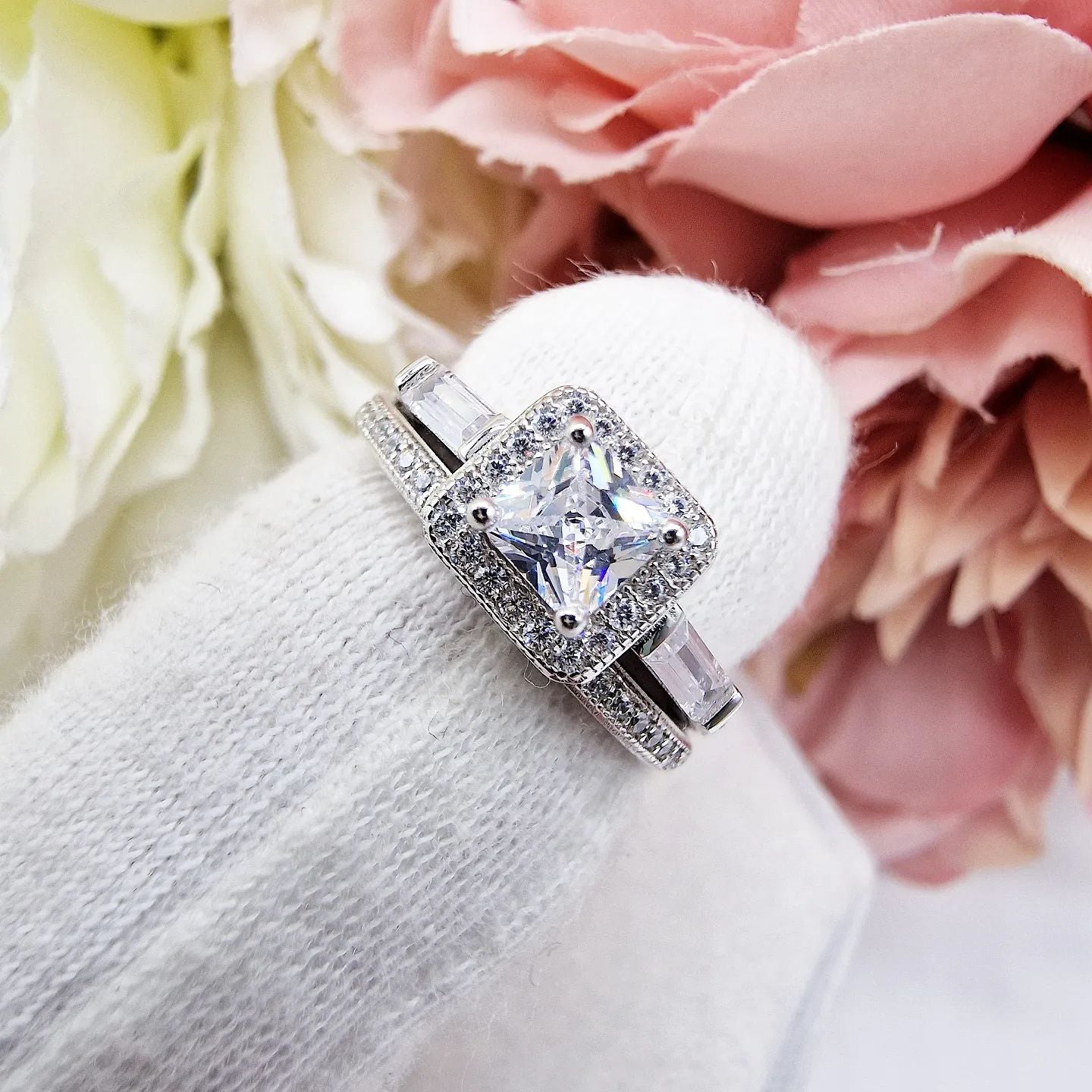 925 Sterling Silver Princess Cut & Baguette CZs Half Eternity Ring Set