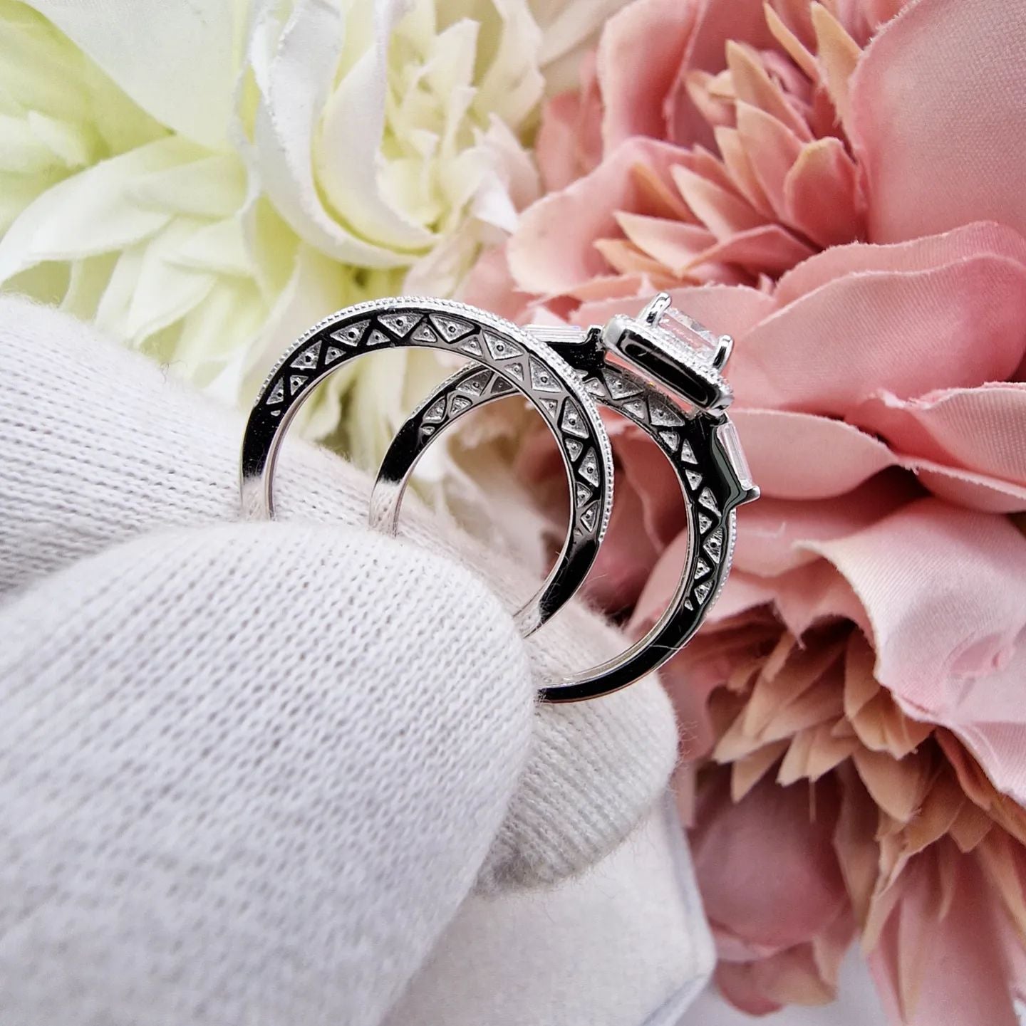 925 Sterling Silver Princess Cut & Baguette CZs Half Eternity Ring Set
