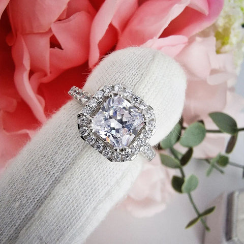 925 Sterling Silver Radiant Cut Cz Halo Ring