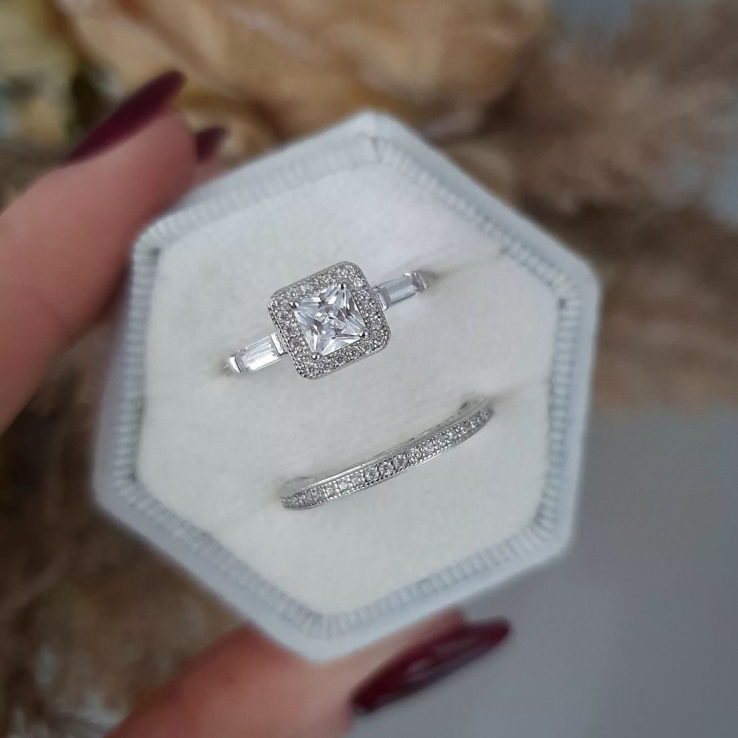 925 Sterling Silver Princess Cut & Baguette CZs Half Eternity Ring Set