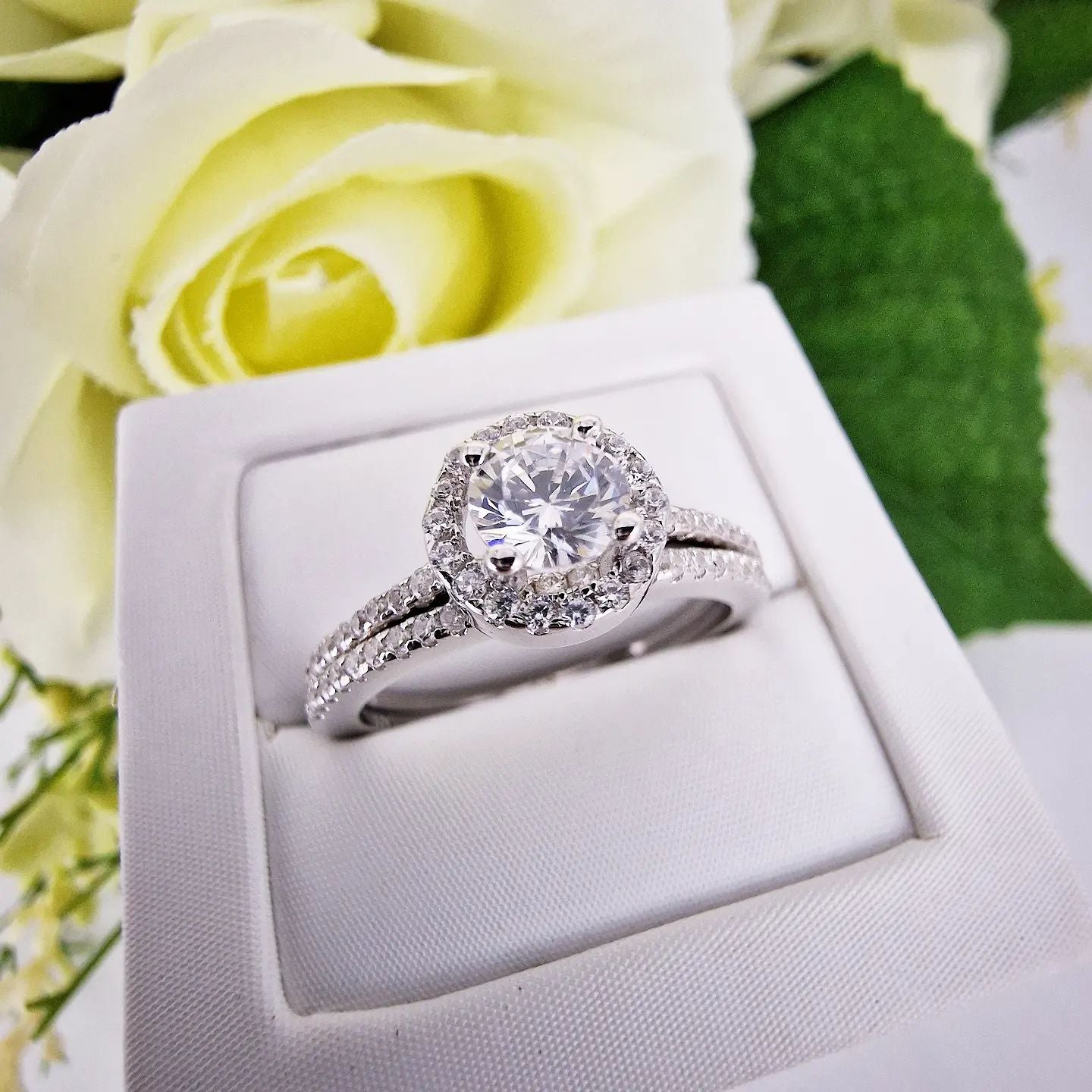 925 Sterling Silver Bridal Set Halo Solitaire with Half ET Cz