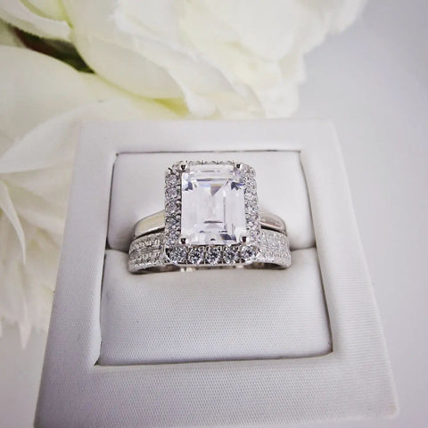 925 Sterling Silver Emerald Cut Cz Ladies Ring Set