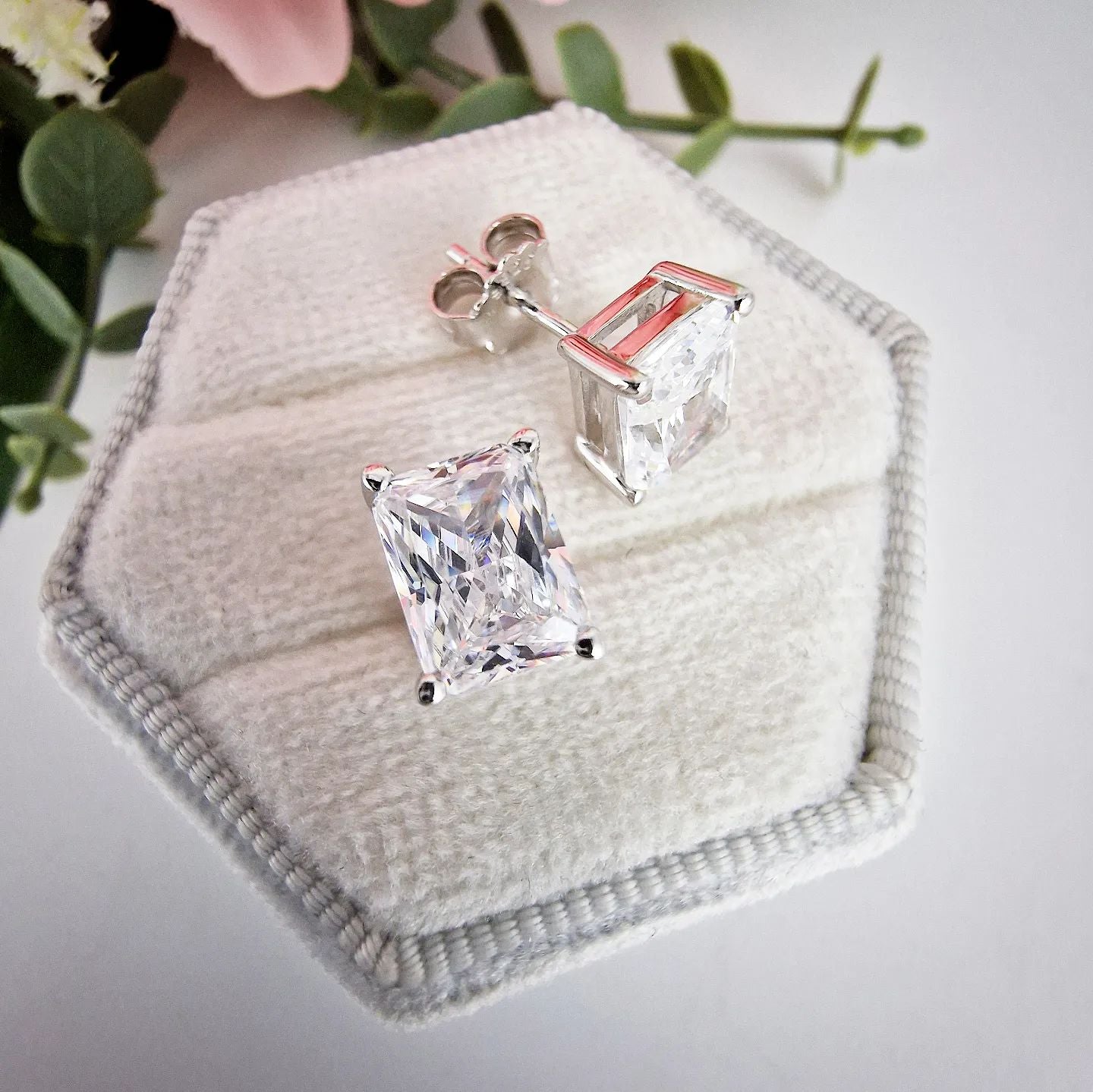 Sterling Silver Clear Cubic Zirconia Emerald Cut Studs
