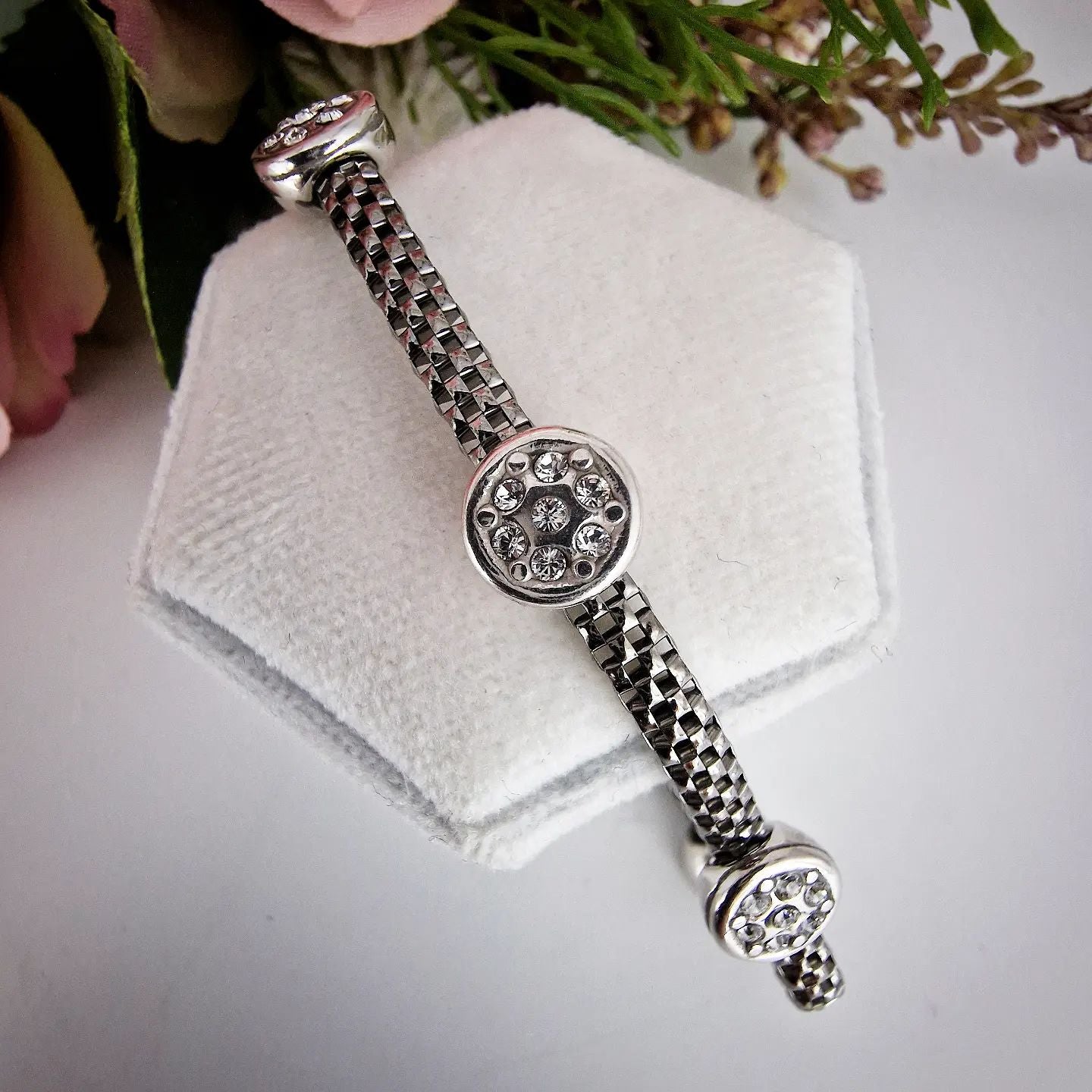 925 Sterling Silver Ruthenium Mesh with Five Circles CZ Bracelet J-Jaz