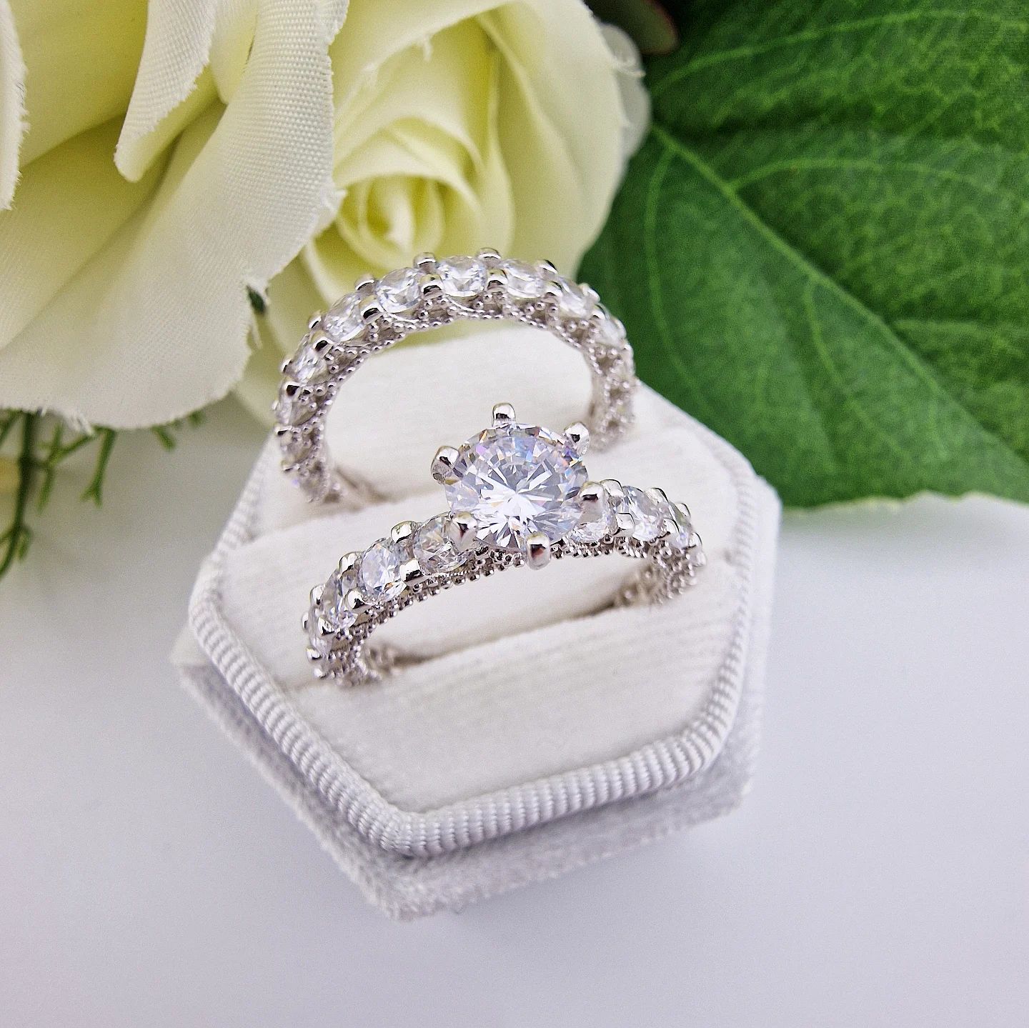 925 Sterling Silver Cz Vintage Style Ring Set