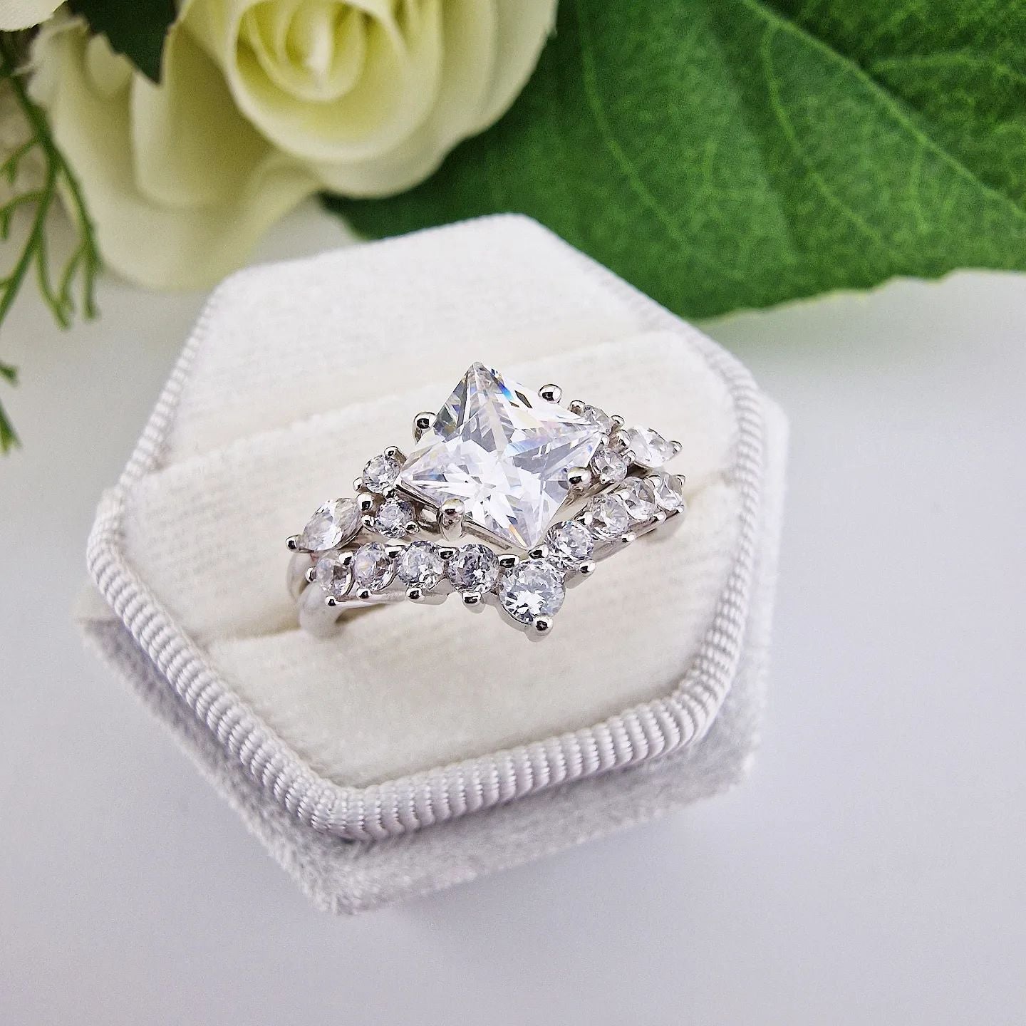 925 Sterling Silver Fancy Cz Princess Cut Ring Set with Wishbone Band