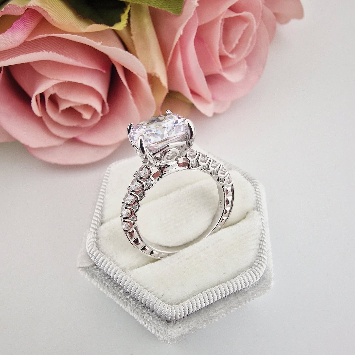 925 Sterling Silver Large Cushion Set Vintage Ring Set