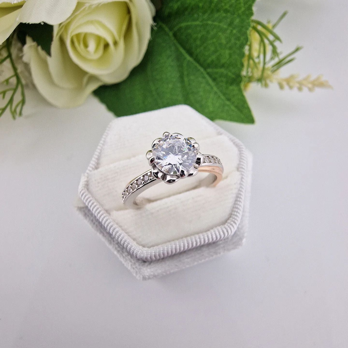 925 Sterling Silver with Rose Trim Cz Solitaire Ring