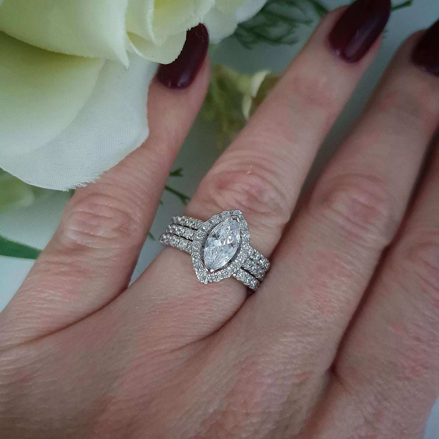 925 Sterling Silver 3 Piece Ring Set Marquise Cut Halo & Two Eternities