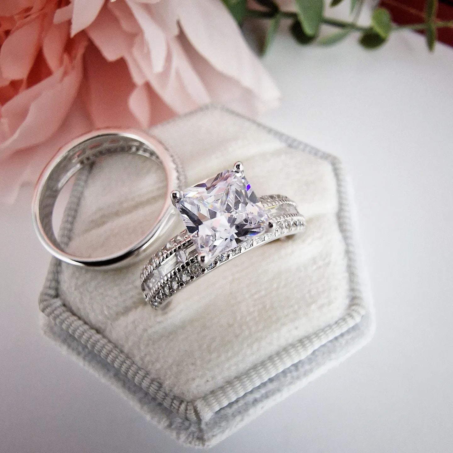 925 Sterling Silver Princess Cut Cz Ring Set with Round & Baguette Cut Cz Eternity Band