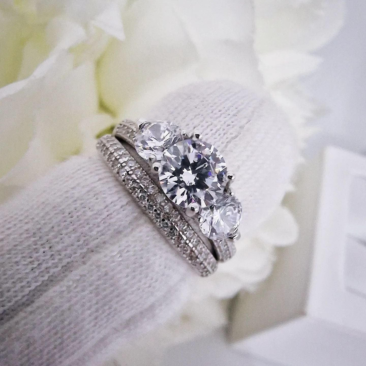925 Sterling Silver Cz Trilogy Ring Set