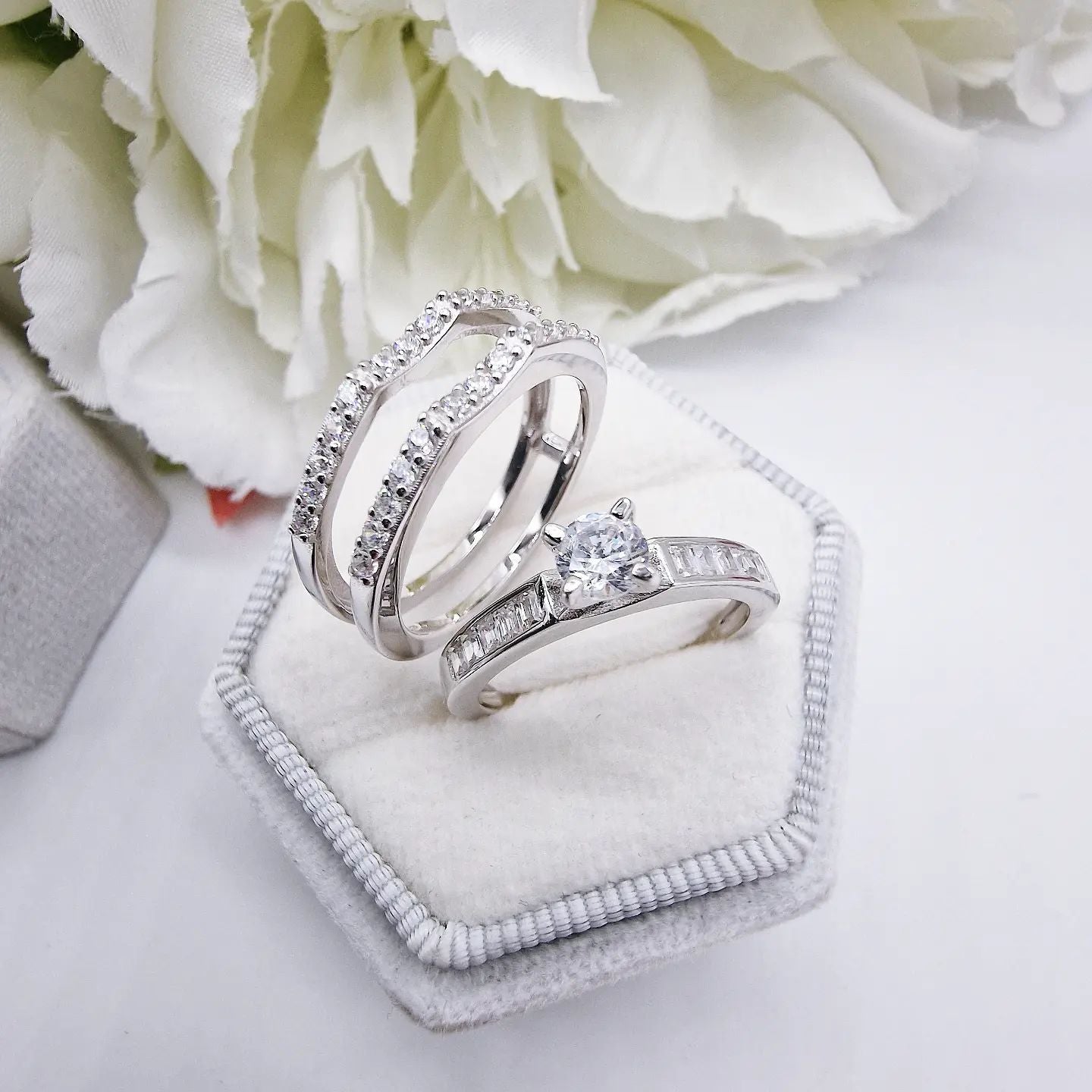 925 Sterling Silver Cz Slot In Piece Ring Set